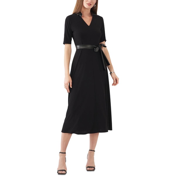 petites womens faux leather trim polyester midi dress