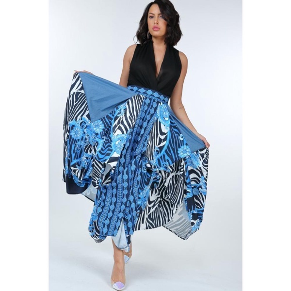 animal chain print denim tacked maxi skirt in black gold