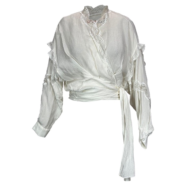 jarl lace-trimmed satin-jacquard wrap top in white viscose