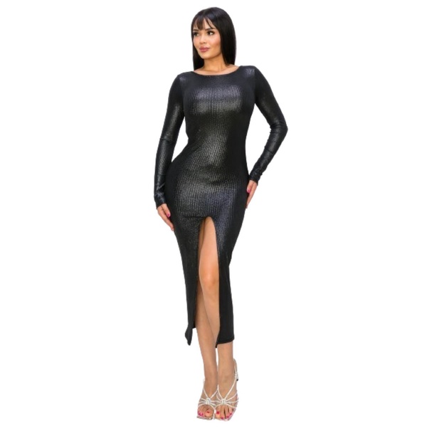 ribbed knit metallic backless midi dress