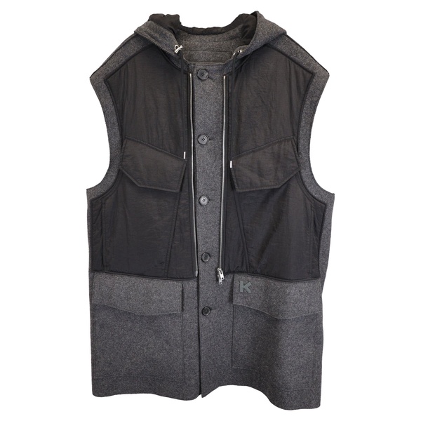 k patch button down hooded vest jacket in grey and black wool and nylon