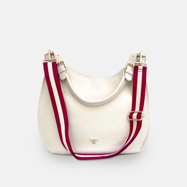 the harriet stone leather bag with red and gold stripe strap