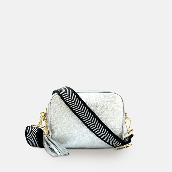 silver leather crossbody bag with black & silver chevron strap