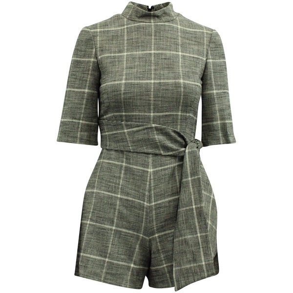 virgil check print tie belt playsuit in black viscose