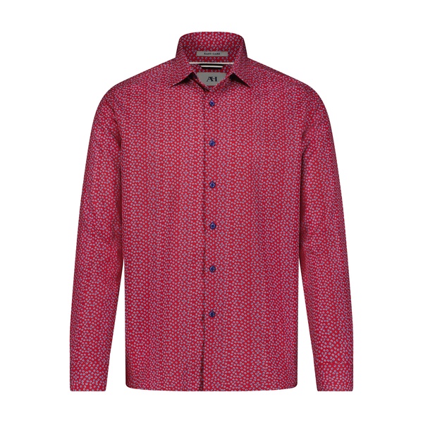red with indigo dot print hidden button down long sleeve shirt