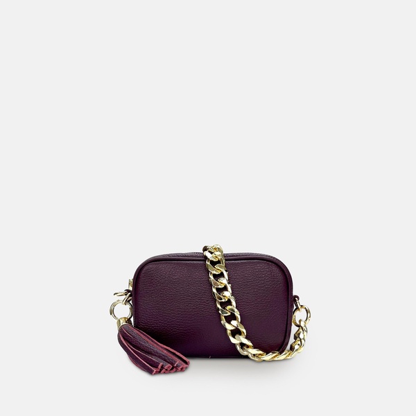 the mini tassel port leather phone bag with gold chain strap