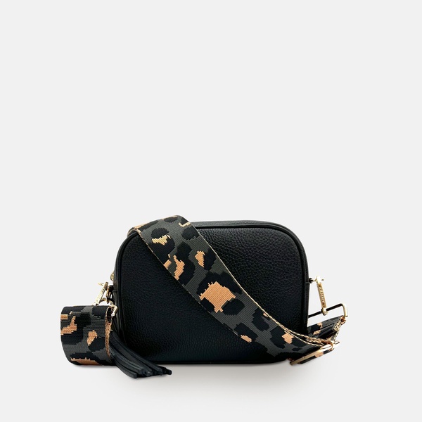 black leather crossbody bag with grey leopard strap
