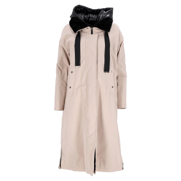 fur lining midi parka coat in beige polyester