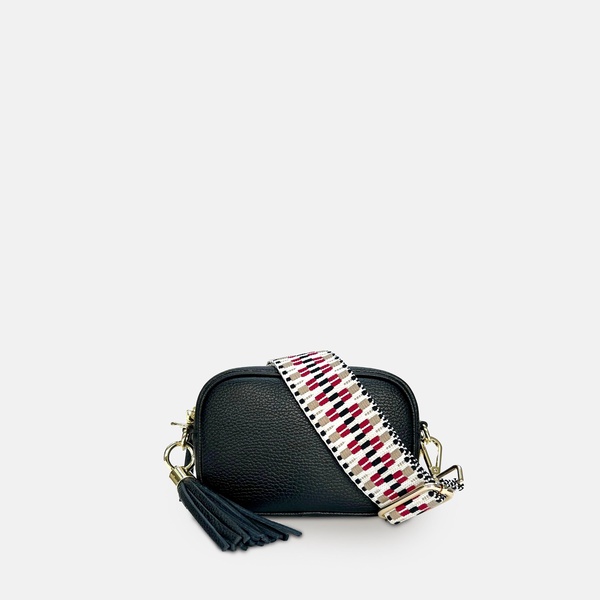 the mini tassel black leather phone bag with red & black zigzag strap