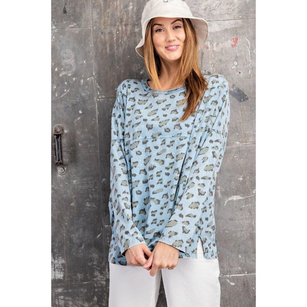 leopard printed garment dye loose fit knit top