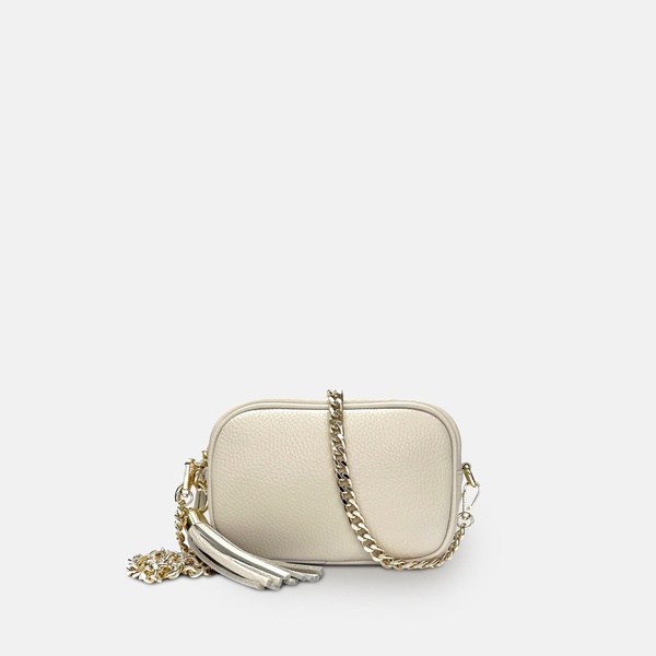 the mini tassel stone leather phone bag with gold chain crossbody strap