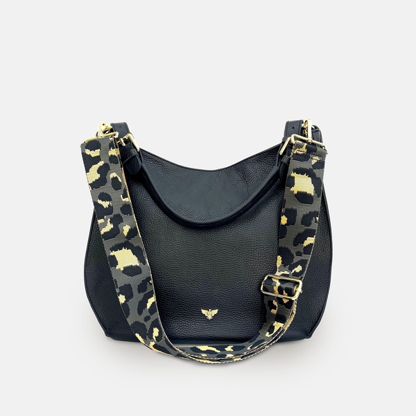 the harriet black leather bag with grey leopard strap
