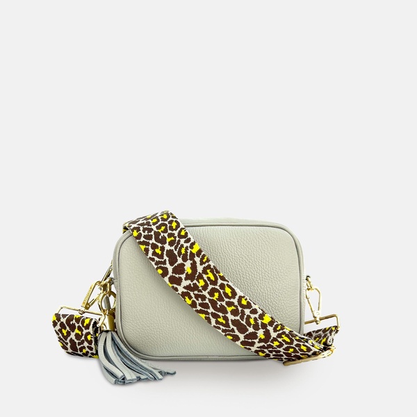 light grey leather crossbody bag with lemon cheetah strap