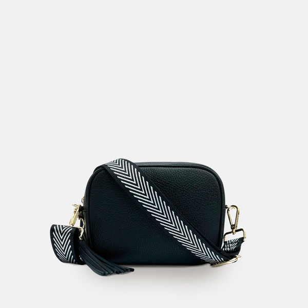 black leather crossbody bag with black & silver chevron strap