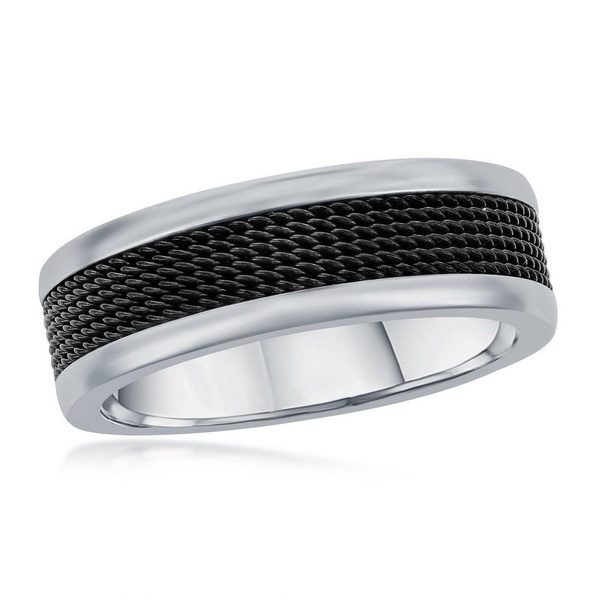 stainless steel black mesh inlay polished band ring