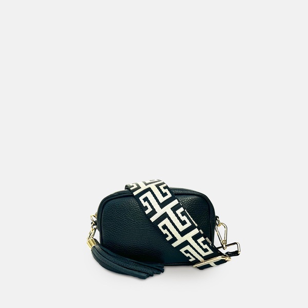 the mini tassel black leather phone bag with black & stone maze strap