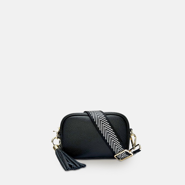 the mini tassel black leather phone bag with black & silver chevron strap