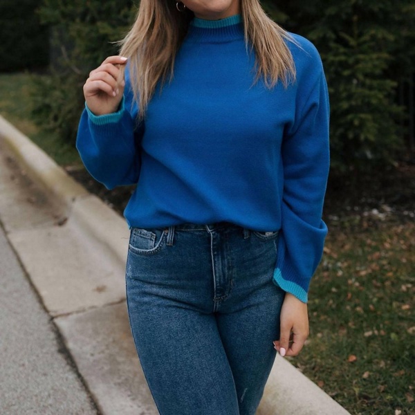 mock neck trim sweater in blue