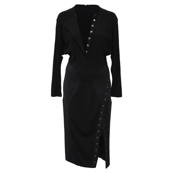 panelled long sleeve buttoned dress in black wool