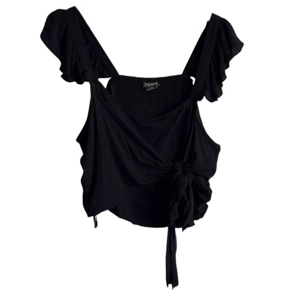 women's faux wrap ruffle tank top in black