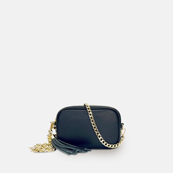 the mini tassel black leather phone bag with gold chain crossbody strap