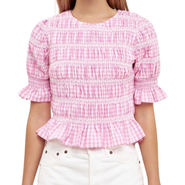 gingham smocked puffed sleeve top in pink