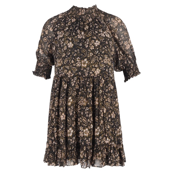 paisley printed mock neck mini dress in brown silk
