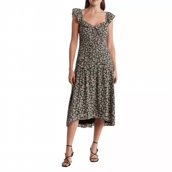 floral ruched midi dress in black