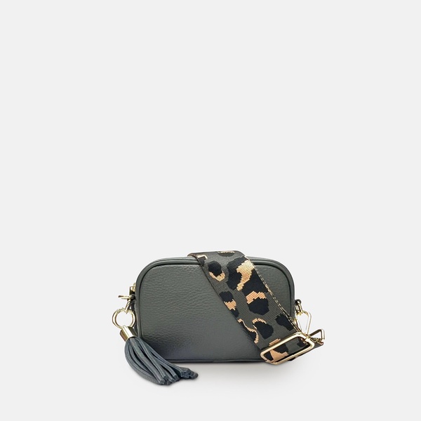 the mini tassel dark grey leather phone bag with grey leopard strap