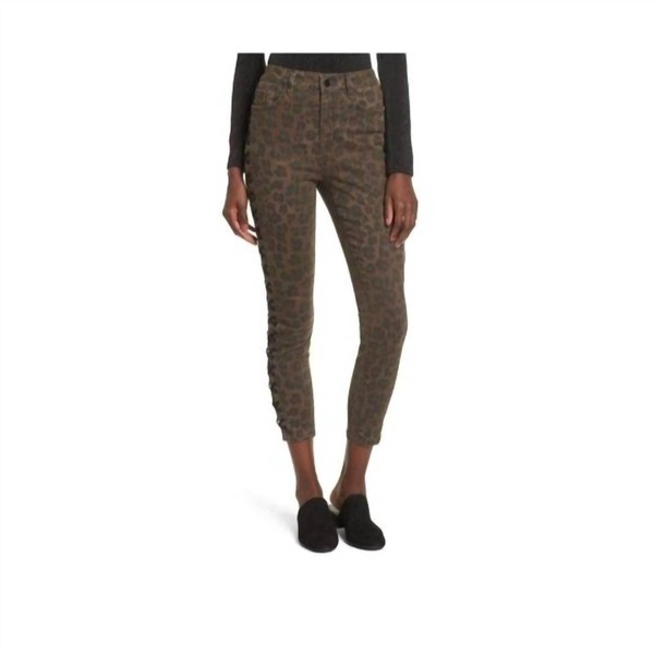 leopard print high rise side lace up ankle crop skinny jeans in brown, black
