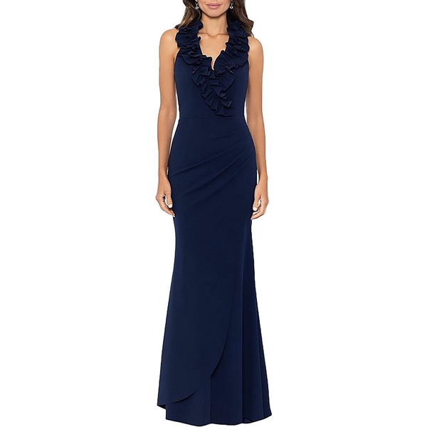 petites womens ruffled long evening dress
