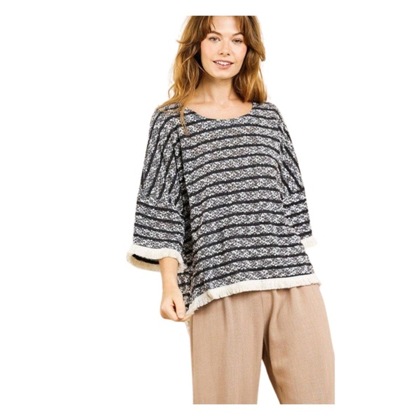 heathered striped knit bell sleeve round neck top