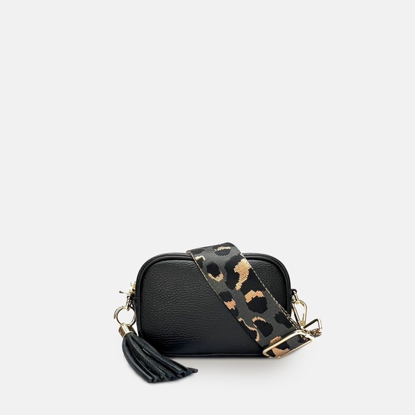 the mini tassel black leather phone bag with grey leopard strap