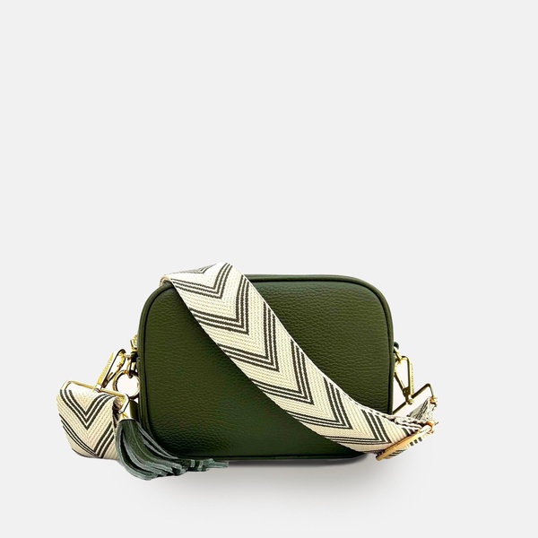 olive green leather crossbody bag with olive green arrow strap