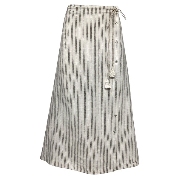 echo striped linen midi wrap skirt in ivory linen