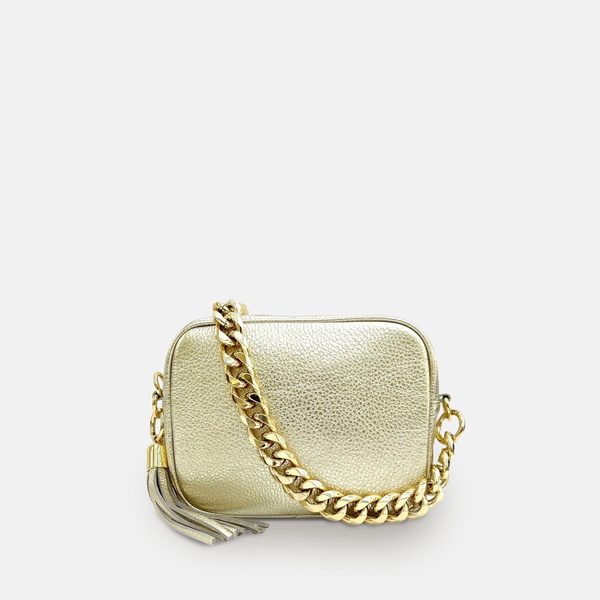 gold leather crossbody bag with gold chain strap