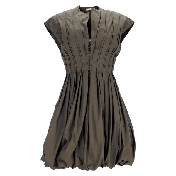 pleated mini balloon dress in khaki cotton