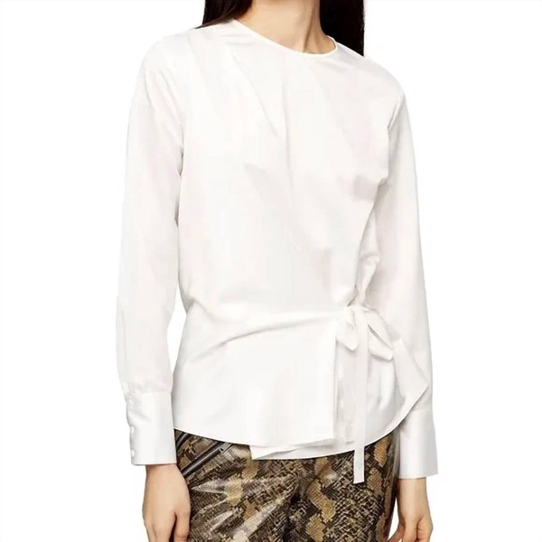 satin waist tie blouse in white