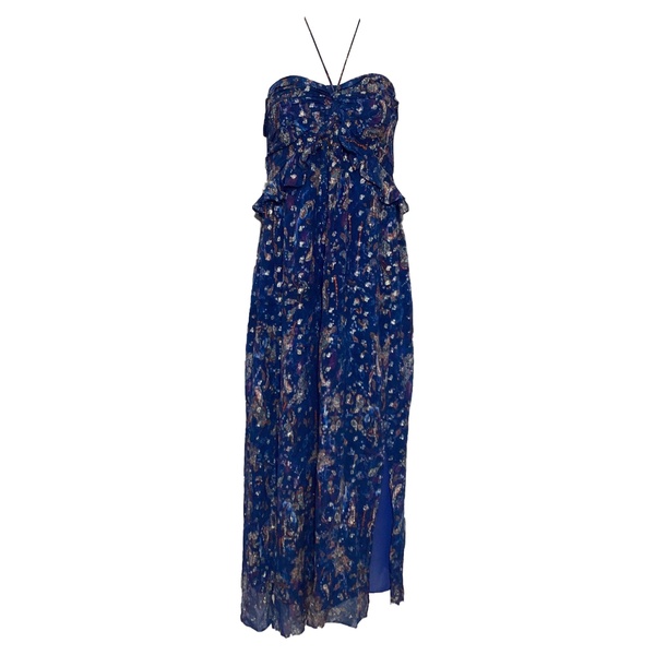 somov printed georgette halterneck midi dress in blue viscose