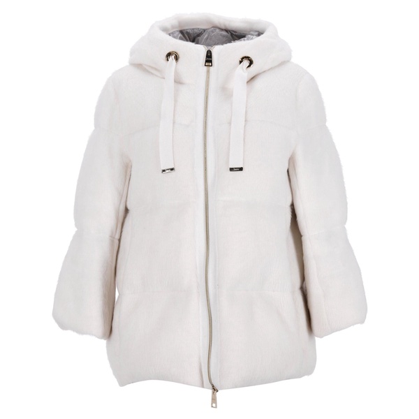 hooded puffer jacket in white acrylic faux fur