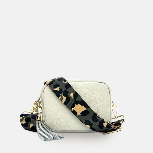 light grey leather crossbody bag with grey leopard strap