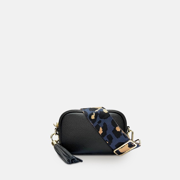 the mini tassel black leather phone bag with navy leopard strap