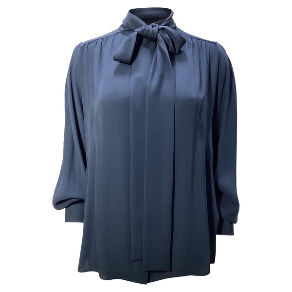 smocked crepe de chine tie neck blouse in navy blue polyester