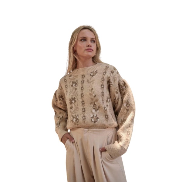 floral round neck long sleeve relax fit sweater
