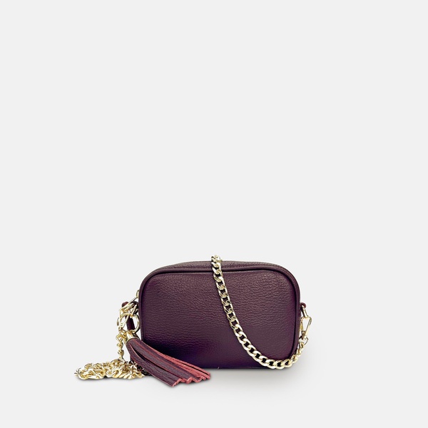 the mini tassel port leather phone bag with gold chain crossbody strap