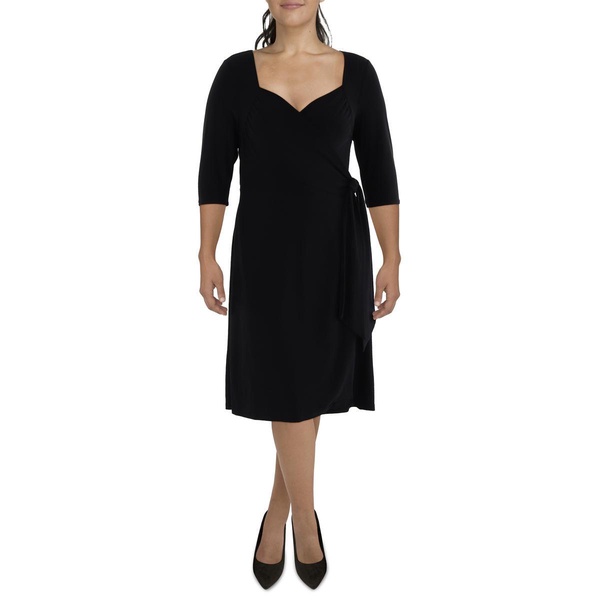 plus womens 3/4 sleeve knee-length wrap dress
