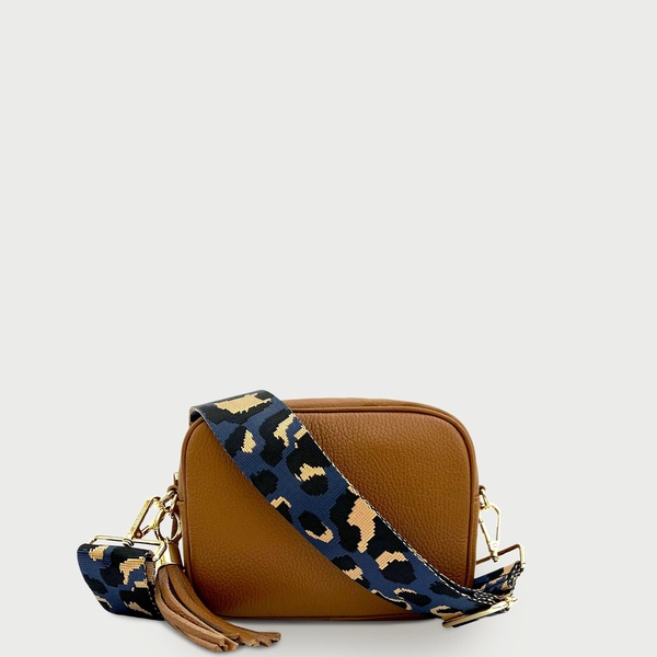 tan leather crossbody bag with navy leopard strap