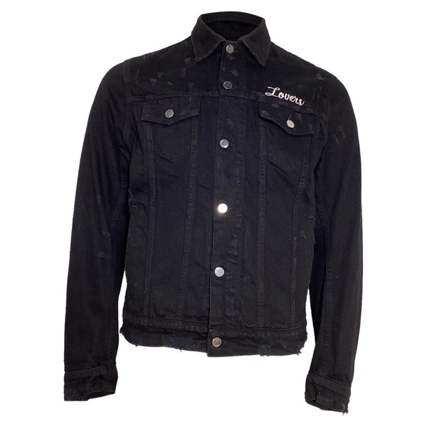 lovers trucker graphic print denim jacket in black cotton