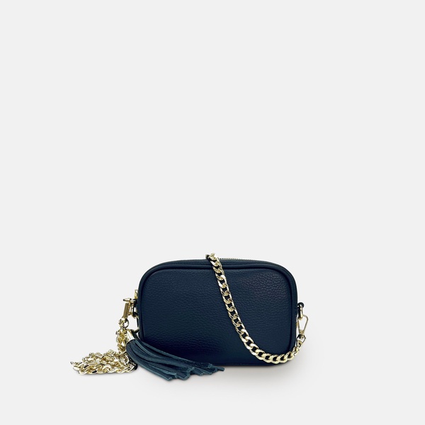the mini tassel navy leather phone bag with gold chain crossbody strap