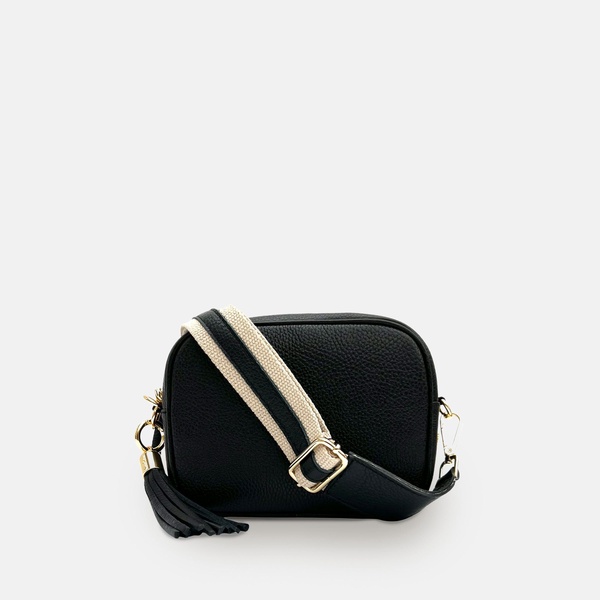 black leather crossbody bag with leather & canvas strap